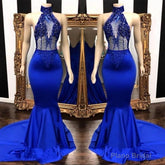 2025 High Neck Beaded Mermaid Royal Blue Prom Dresses